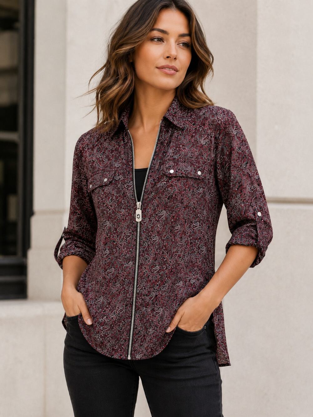 MICHAEL Michael Kors PXS Pop Paisley Zip Front Top NWT